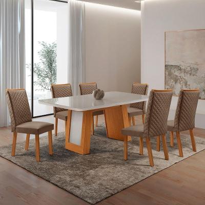 Conjunto de Jantar Carolina 6 Lugares Tampo MDF com Vidro Cadeiras Lira Off White 180CM Moderna