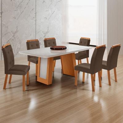 Conjunto de Jantar Carolina 6 Lugares Tampo MDF com Vidro Cadeiras Carol Marrom Off White 180CM
