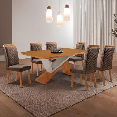 Conjunto de Jantar Yasmin 6 Lugares Tampo MDF Cadeiras Lorena Veludo Marrom 180CM Moderna