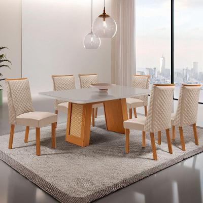 Conjunto de Jantar Carolina 6 Lugares Tampo MDF com Cadeiras Yasmin em Veludo Creme 180CM Moderna