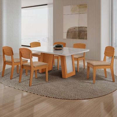 Conjunto de Jantar Carolina 6 Lugares Tampo MDF com Vidro Cadeiras Copper Off White Moderna