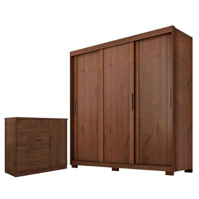 Guarda Roupa Casal Confort 3 Portas de Correr 4 Gavetas MDP Jacarandá Fosco Zanzini Móveis