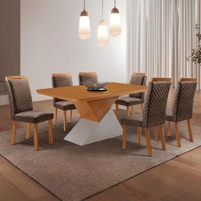 Conjunto de Jantar Aster 6 Lugares Tampo MDF Cadeiras Lorena Veludo Marrom 180CM Moderna