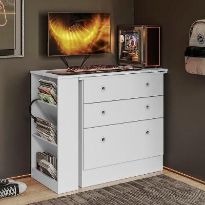 Cômoda com Mesa em l Mesa Giratória Gamer 3 Gavetas MDF 91.3CM Branco Qmovi