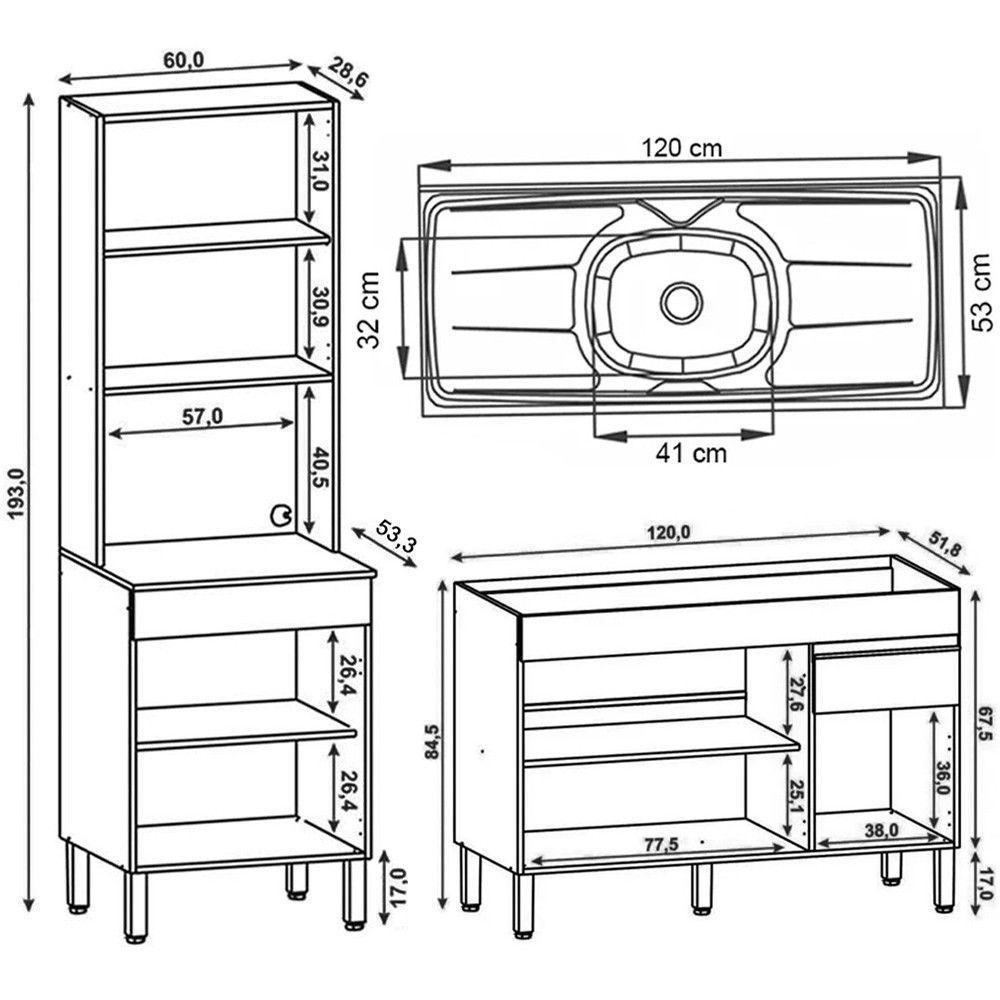 Paneleiro E Balcão Gabinete Com Pia 120cm Lina K02 Supremo - Mpozenato - 3