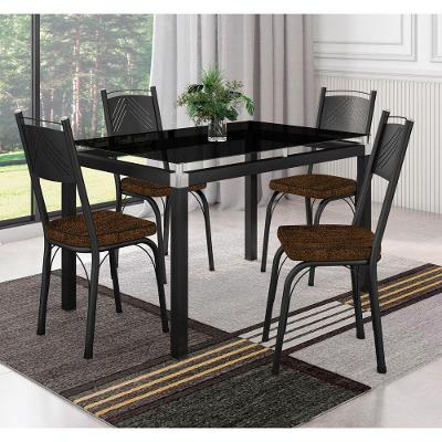 Conjunto de Mesa Malva Base 4118 com 4 Cadeiras Tampo de Vidro Preto Fosco 107CM Artefamol Móveis