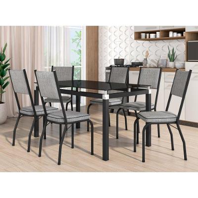 Conjunto Mesa de Jantar 258 Malva 6 Lugares Tampo Vidro Preto Grafiato Cinza 140CM Combo Stock