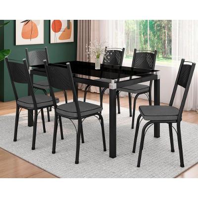 Conjunto Mesa de Jantar Malva Base 4118 com 6 Cadeiras Tampo Vidro 140CM Preto Fosco Combo Stock