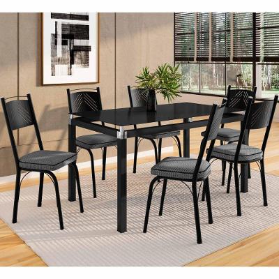 Conjunto Mesa de Jantar 151 Malva 6 Lugares Tampo Vidro Preto Platina 140CM Combo Stock