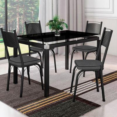 Conjunto Mesa de Jantar Malva Base 4118 4 Lugares Tampo Vidro Preto 107cm com Cadeiras 151 Combo