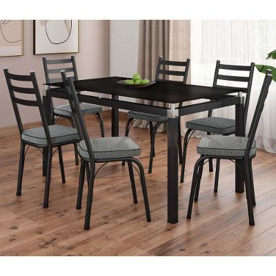 Conjunto Mesa de Jantar 141 Malva 6 Lugares Tampo Vidro Preto Platina 140CM Combo Stock