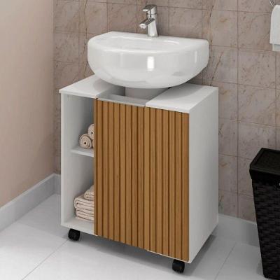 Gabinete para Banheiro Eron 1 Porta com Rodízios MDP 55,3CM Branco Ripado OFT Móveis
