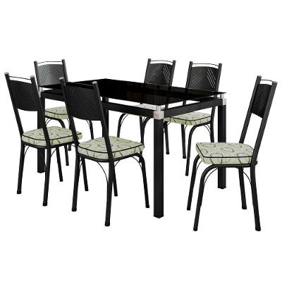 Conjunto Mesa de Jantar Malva Base 4118 com 6 Cadeiras Tampo Vidro 140CM Preto Fosco Assento Cedro