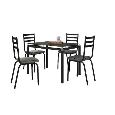 Conjunto Mesa de Jantar Malva 4 Lugares Tampo Vidro Preto 107CM com 4 Cadeiras Combo Stock