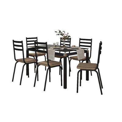 Conjunto Mesa de Jantar Malva 6 Lugares Vidro 140CM Preto Ratan Combo Stock