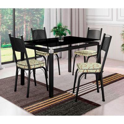 Conjunto Mesa de Jantar Malva Base 4118 com 4 Cadeiras Tampo Vidro 107CM Sf Preto Fosco Assento