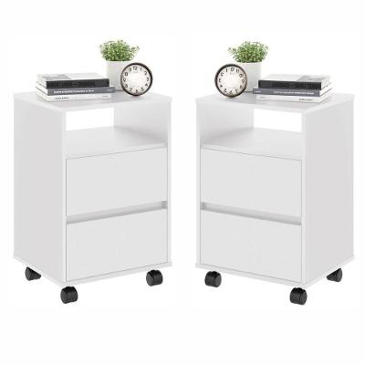 Conjunto de Mesa de Cabeceira Verona 2 Gavetas Rodízios Branco Plata Móveis