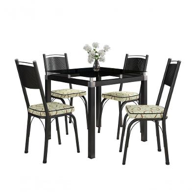 Conjunto Mesa de Jantar Tubular Malva 4 Lugares Tampo de Vidro 75CM com Cadeiras 151 SF Preto Cedro