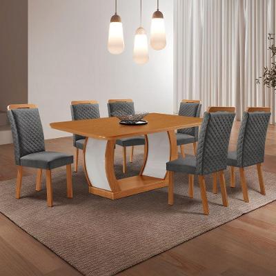 Conjunto de Jantar Milena 6 Lugares Tampo MDF Cadeiras Lorena Linho Grafite 180CM Moderna