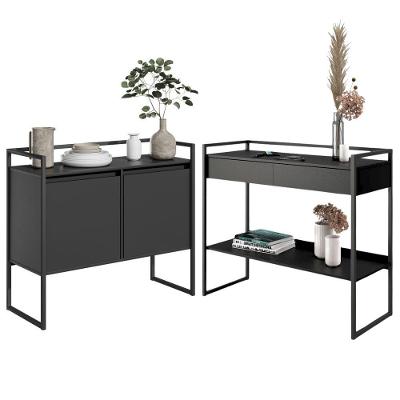 Conjunto de Buffet e Aparador Gaia Industrial 2 Portas 1 Gaveta MDF MDP Preto Plata Móveis