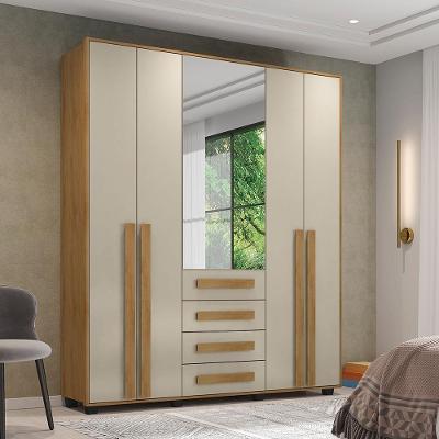 Guarda Roupa Solteiro Design 5 Portas Bater 3 Gavetas MDF MDP Espelho Cinamomo Off White RV Móveis