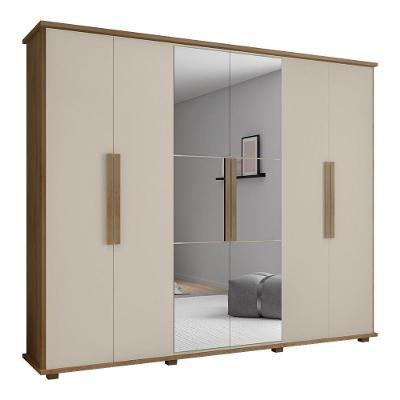 Guarda Roupa Casal Benício 6 Portas Bater 4 Gavetas MDP MDF Espelho Cinamomo Off White RV Móveis