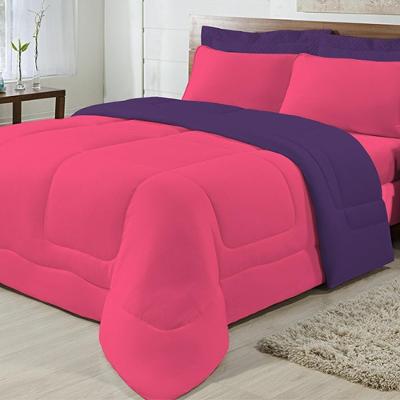 Edredom Casal King Dupla Face 05 Peças Pink com Roxo