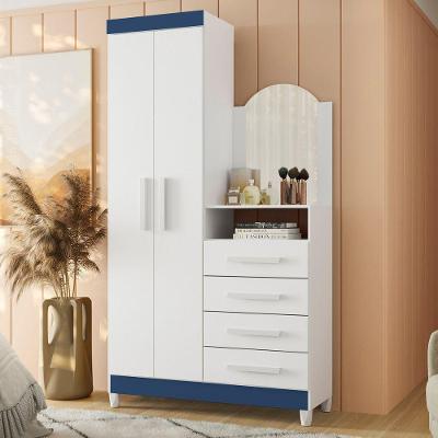 Guarda Roupa Cômoda Solteiro Siena 2 Portas de Bater 4 Gavetas Espelho Azul Albatroz Móveis