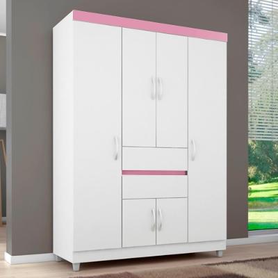 Guarda Roupa Casal Atria 6 Portas 2 Gavetas MDP Branco-Rosa-Branco Demóbile
