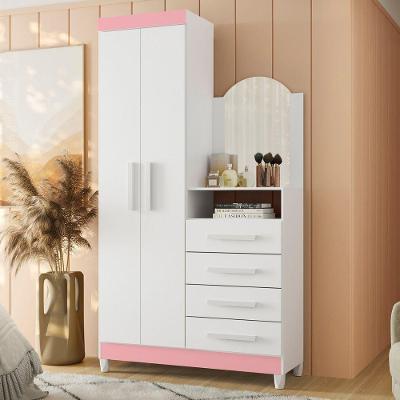 Guarda Roupa Solteiro Brisa Alta 2 Portas de Bater 4 Gavetas MDP MDF com Espelho Rosa Albatroz