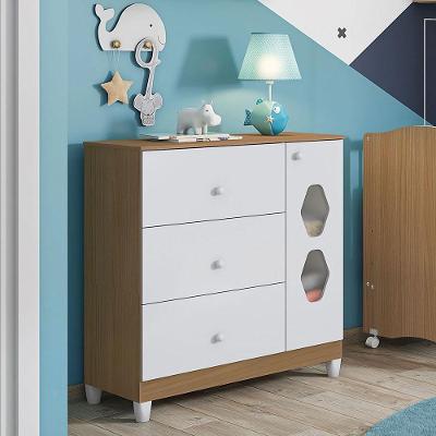 Gaveteiro Dante Infantil 3 Gavetas MDF-MDP Branco-Almendra Móveis Estrela