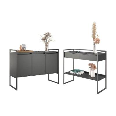 Conjunto de Buffet e Aparador Toscana Industrial 3 Portas 1 Gaveta MDP Preto Onix Casah