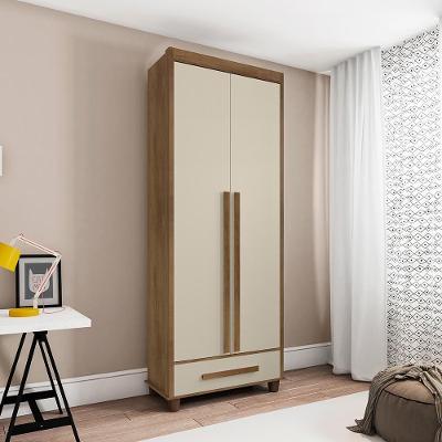 Guarda Roupa Solteiro Valen 2 Portas de Bater 1 Gaveta MDP MDF Cinamomo Off White RV Móveis