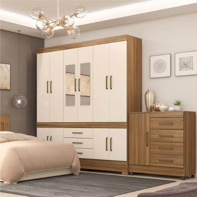 Guarda Roupa Casal Bosque Alto 10 Portas de Bater 3 Gavetas MDP com Espelho Amêndola-Off-White