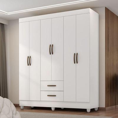 Guarda Roupa Casal Falora 6 Portas de Bater 2 Gavetas MDP Branco Brilho Leão Móveis