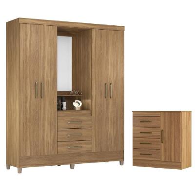 Conjunto de Guarda Roupa e Cômoda Boreal para Quarto 5 Portas 7 Gavetas Amêndola Demóbile