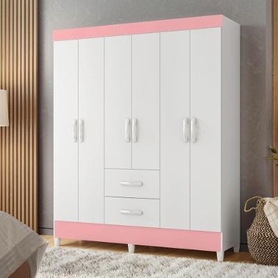 Guarda Roupa Casal Meraki 6 Portas 2 Gavetas MDP Branco Rosa Albatroz Móveis