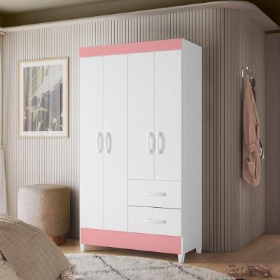 Guarda Roupa Solteiro Mística 4 Portas de Bater 2 Gavetas MDP Branco Rosa Albatroz Móveis