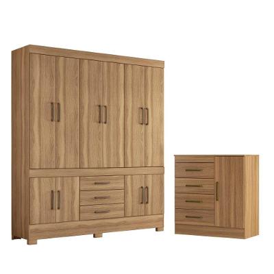 Conjunto Guarda Roupa Casal Atlas para Quarto 10 Portas Bater 7 Gavetas MDP Amêndola