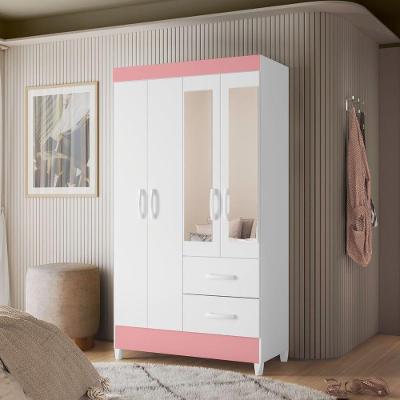 Guarda Roupa Solteiro Ayla 4 Portas de Bater 2 Gavetas MDP Branco Rosa Albatroz Móveis