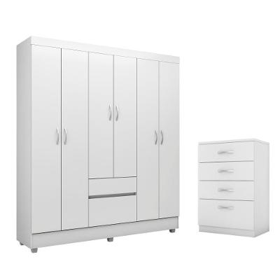 Conjunto de Guarda Roupa Solteiro e Cômoda Villa do Cedro 6 Portas 6 Gavetas MDP Branco Demóbile
