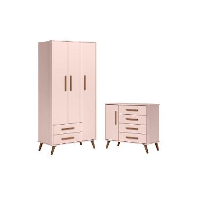 Conjunto de Guarda Roupa e Cômoda Infantil Íris Retrô 4 Portas de Bater 6 Gavetas Rosa Qmovi