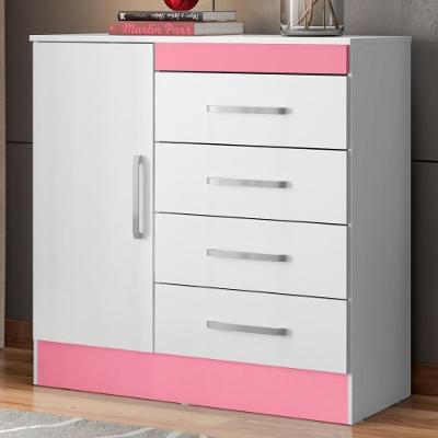 Cômoda Fidji 1 Porta 4 Gavetas MDP Branco Rosa Demóbile