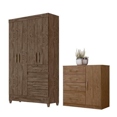 Conjunto Guarda Roupa e Cômoda Seicheles 5 Portas 4 Gavetas MDP 110CM Castanho Wood