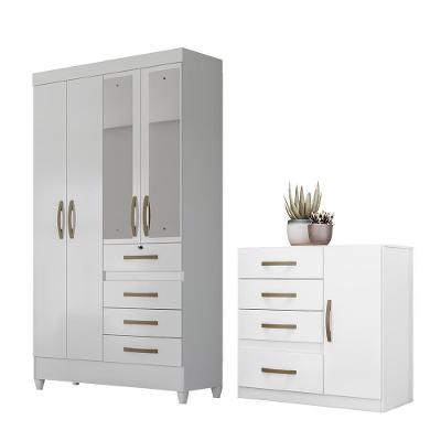 Conjunto Guarda Roupa Casal Eron com Espelho 5 Portas 4 Gavetas MDP Branco Rosa Azul Lilás Moval
