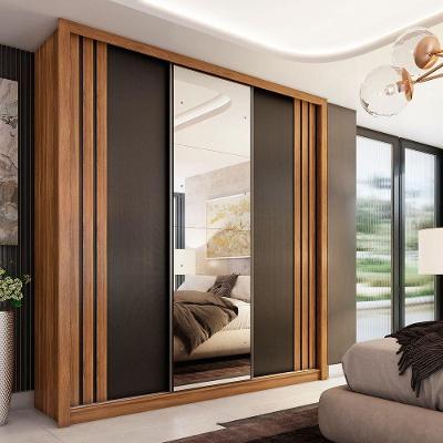 Guarda Roupa Casal Celeste 3 Portas Correr 2 Gavetas MDF com Espelho Amêndola Touch e Preto Prime