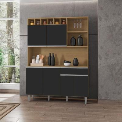 Balcão de Cozinha Delara 6 Portas 1 Gaveta MDP 130CM Amêndoa Preto AJL Móveis