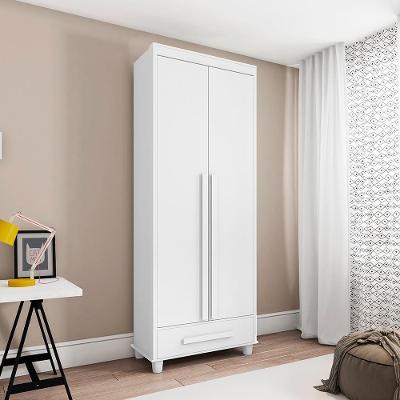 Guarda Roupa Solteiro Zenit 2 Portas de Bater 1 Gaveta MDP MDF Branco RV Móveis