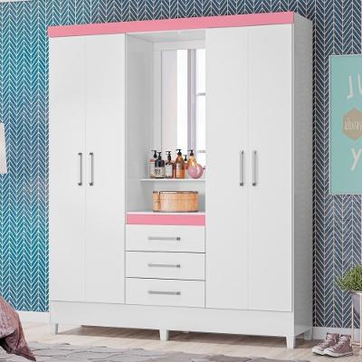 Guarda Roupa Casal Cairo 4 Portas de Bater 3 Gavetas MDP Branco-Rosa-Branco Demóbile