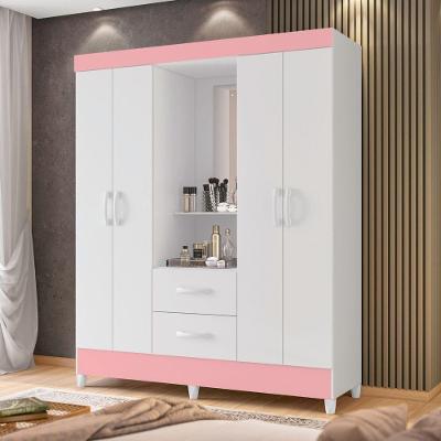 Guarda Roupa Casal Natura 4 Portas de Bater 2 Gavetas MDP Branco Rosa Albatroz Móveis